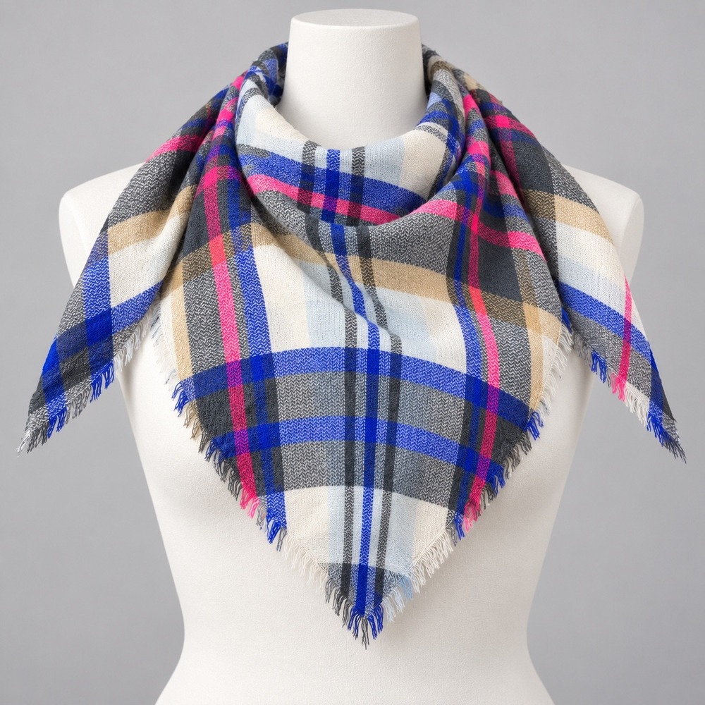 Plaid Triangle Scarf Blue Pink Cream Fringe Preppy Academia Autumn Knit Wrap